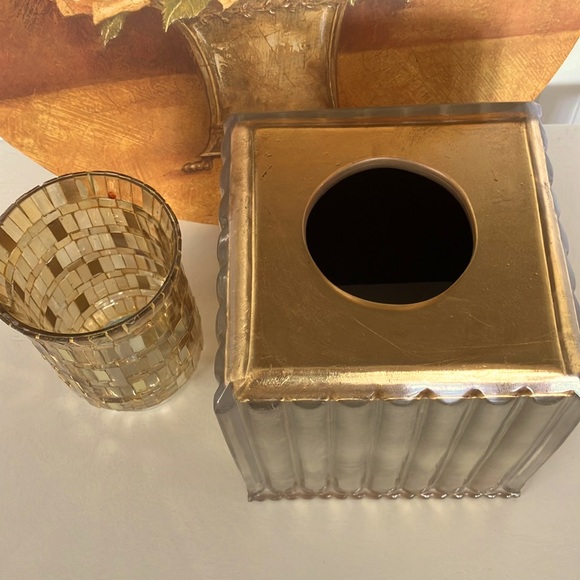 Tissue Box Holder Cover, Heavy Gold Acrylic With Gold Glass Candle Holder - Picture 2 of 13